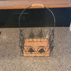 Rustic Wicker and Metal Basket with Tree Design